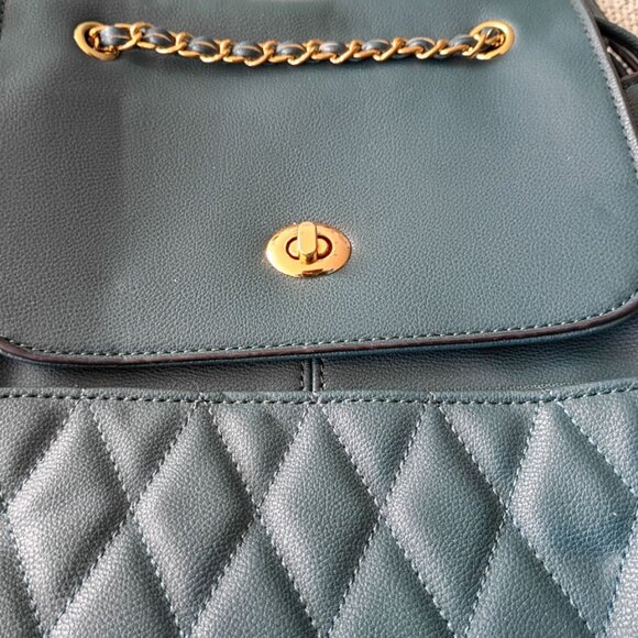Quilted Faux Leather Backpack Purse Cypress green - Chain Strap, front pocket - Picture 3 of 6